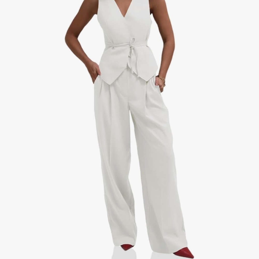 White Wide Leg Jumpsuit with Plunging V-Neckline